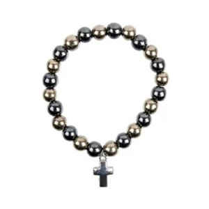 Bracelet perles 7 mm hématite et Pyrite avec breloque croix métal - Imagen 1 de 1