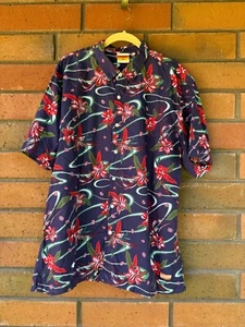 Superdry Hawaiian Shirt Men 2XL Blue Red Lillies Button Up Camp - Picture 1 of 15