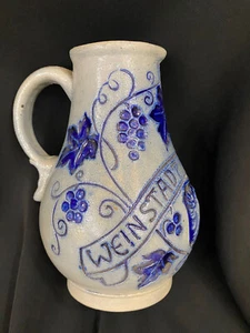Handmad Ceramic  Wine Jug Pitcher Vintage Hand Drawing Germany Decor Blue 50s  - Picture 1 of 8