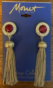 Monet Vintage Collection LE Red & Crystal Rhinestones Drop Tassel Post Earrings - Picture 1 of 6