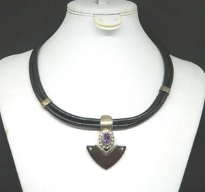 Women's Amethyst Wood Double Strand Leather Choker Sterling Necklace And Pendant - Picture 1 of 6