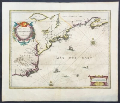 Mapa antiguo de Jansson de 1639 de América colonial, Virginia a Nueva Inglaterra Chesapeake  Foto 1 de 3
