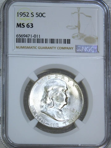 1952-S Franklin Half Dollar NGC MS63 Original Bright 90% FBL Just Graded #E358C Cover