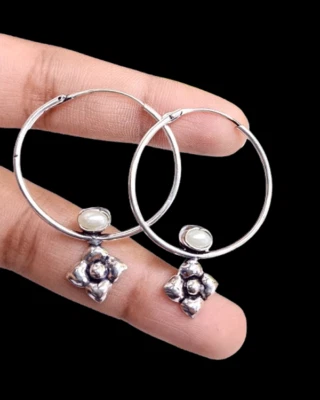 Buy Mother of Pearl Bali Hoop 925 Sterling Silver Plated Earrings Jewelry OFE61 - Image 1 of 4