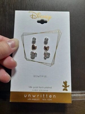NUEVO Pendientes Disney Bowtiful oro 14k chapado en flash circonitas cúbicas (3 pares) Foto 1 de 2