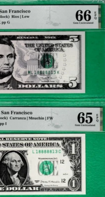 Billetes de la Reserva Federal de $5 y $1 que coinciden con números de serie elegantes 18888813 PMG Foto 1 de 3