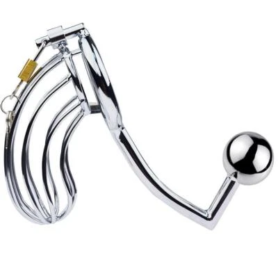 5.5 inch Metal Male Chastity Cage Lock Device & Anal Plug Cock Bondage - Image 1 of 2