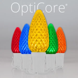 50 C9 OptiCore Shatterproof LED Christmas Lights Faceted Finish, White Wire 50ft - Picture 1 of 53