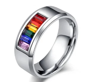 Rainbow LGBTQ Pride Colored Gem Band Ring in Stainless Steel - Imagen 1 de 2