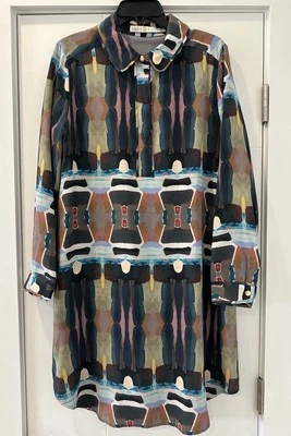 Vestido Marie Oliver Seda Abstracto Estampado Acuarela Talla L Largo Slv Camisa Botón Foto 1 de 4