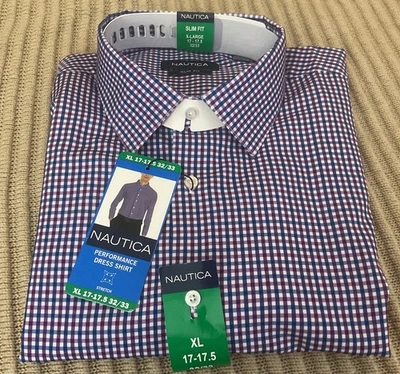 Nautica Men's Performance Slim Fit Blue/Red Dress Shirt - Size XL 17-17.5(32/33) - Image 1 of 4