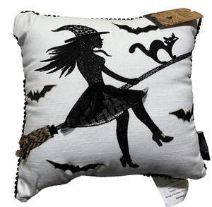 Halloween Witch Flying on a Broom Accent Throw Pillow Black Cat Bats 12x12 NEW - Picture 1 of 4