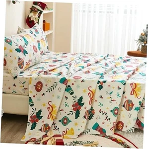  Christmas Sheet Set 4 Piece Christmas Stockings Holly and Bells Bed King Teal - Picture 1 of 7
