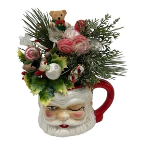 Vintage Winking Santa With Rhinestone Eye Christmas Greens Lollipops Snowman - Picture 1 of 13