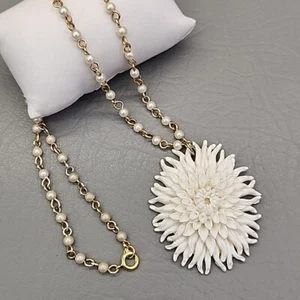 Vintage Flower Necklace White Celluloid Pendant Simulated Pearl Station Chain - Picture 1 of 14