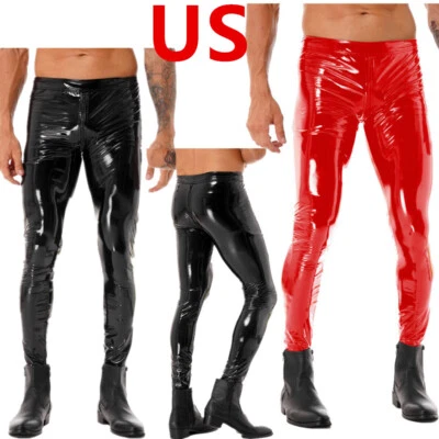 Men's Wet Look Patent Leather Trousers Stretchy Casual Skinny Pants Clubwear - Image 1 of 3