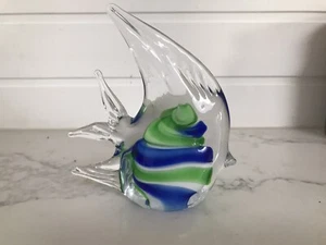 Vintage Murano Encased Blue/Green/White Striped Angelfish Fish Figurine - Picture 1 of 10