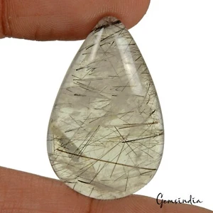 100% Natural Black Rutile Quartz Pear Rare Cab Loose Gemstone 32x21x5mm 25.60Ct - Picture 1 of 4