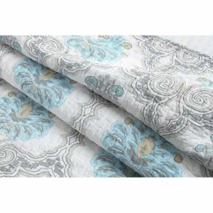 NEW! ~ COZY MODERN COTTAGE CHIC WHITE BEACH AQUA BLUE GREY MEDALLION QUILT SET - Picture 1 of 4
