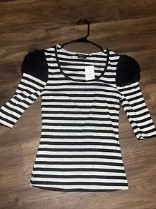 BCBG Maxmazria Shirt Small Black/Ivory Striped Black Lace Shoulders - Picture 1 of 6