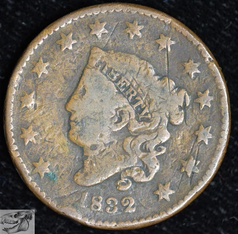 1832 Coronet Head Large Cent, Large Letters Variety, Good+ Condition, C6297 Cover