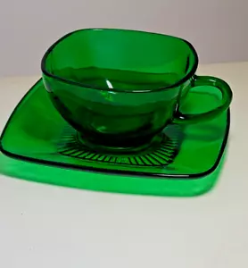 1940-1964 ensemble tasse et soucoupes carrées en verre d'ancrage forêt charme vert 8 oz - Photo 1/6