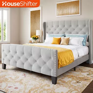 Queen Bed Frame Wingback Upholstered Tufted Headboard with Mattress Foundation - Picture 1 of 12