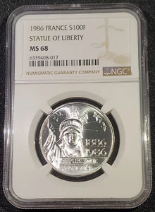 1986 FRANCE SILVER 100 FRANCS STATUE OF LIBERTY Commemorative NGC MS 68 - Picture 1 of 7