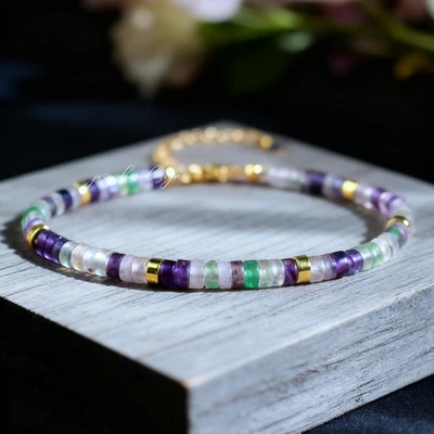 Natural Rainbow Fluorite 4mm Tube Beaded Bracelet Healing Dainty Women's Gift - Image 1 of 4