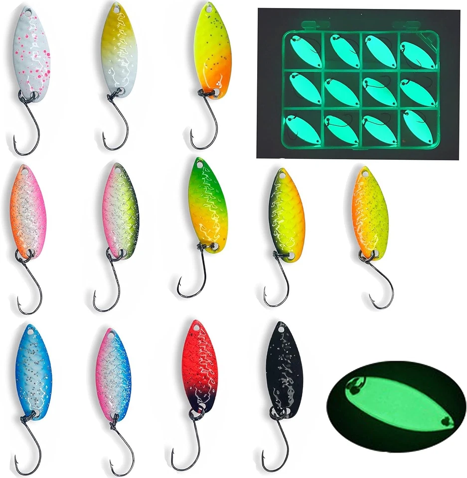 NJORD KALASTUS Glow Spoon Set | Selbst Leuchtende und UV Aktive Forellen Spoon Set 12 Stück+Box