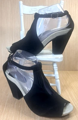 Sandalia Earthies Veria negra de gamuza punta abierta tacón bloque para mujer talla 8 B Foto 1 de 4