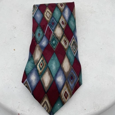 Albert Nipon Mens Blue Red Brown Green Geometric All Silk Necktie Tie Classic - Image 1 of 4