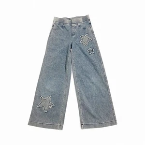 H&M Niñas Pierna Ancha Denim Estrella Parcheado Talla 8-9 Pull On Lavado Medio - Imagen 1 de 10
