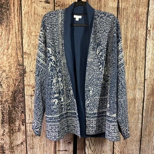J.JILL PURE JILL Size XL Open Front Knit Jacket Moroccan Print Cardigan Blue - Picture 1 of 7