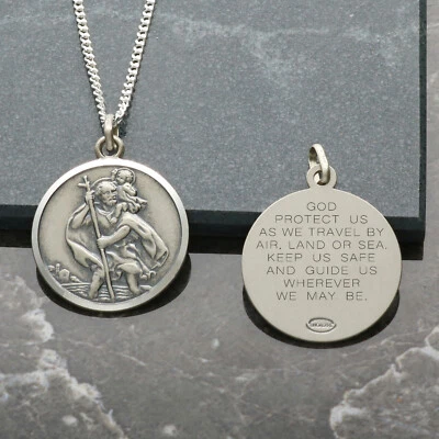 925 Silver Antique Finish 20mm St Christopher Pendant Travellers Prayer Chain - Image 1 of 4