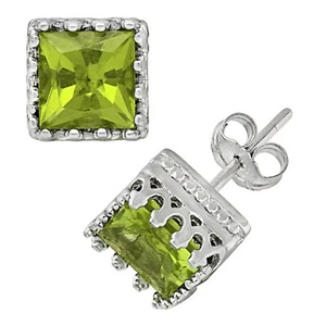 2.20 ct Princess Cut Peridot 14k White Gold Over Silver Stud Earrings For Womens - Picture 1 of 4