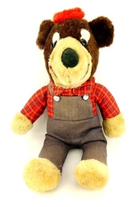 Vtg 20" Elka Overall Bear Plush Stuffed Animal Toy Embossed Buttons Plaid Shirt - Picture 1 of 12