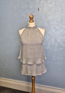 Oasis Halterneck Top Size Small Tiered Silver Metallic Party Cruise Festive New - Picture 1 of 12