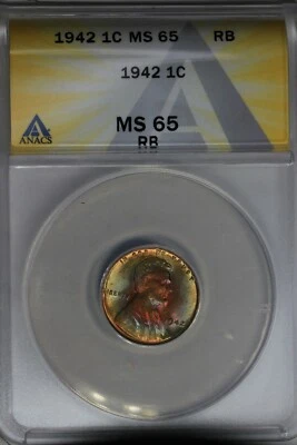 1942  .01  ANACS  MS 65 RB  Lincoln Head Cent, Lincoln One Cent - Image 1 of 2