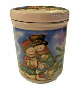 Merry Brite Ceramic Stoneware Snowman Jar Cup with Lid Winter Blue Holiday Snow - Picture 1 of 5