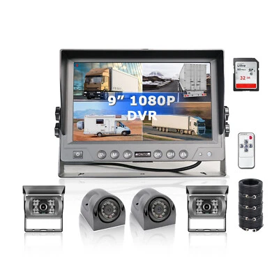 9" Quad Monitor DVR 4CH HD Rear Side View Camera For RV Truck Trailer Caravan - Image 1 of 4