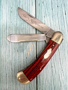 Vintage Frank Buster Fight'n Rooster Etched Blade Red Dogleg Trapper - Picture 1 of 12