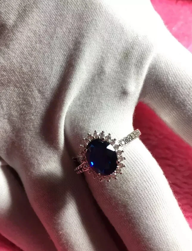 Anillo de boda de diamantes y zafiros naturales de corte ovalado de 4,65 quilates de plata de ley 925 6 7 Foto 1 de 4