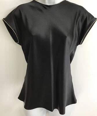Helmut Lang Top Black Satin Short Sleeve Zipper Detail Size M - Image 1 of 4