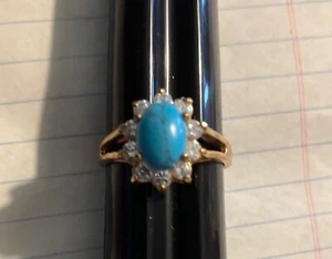 Yellow Gold,Turquoise /CZ Ring Size 7.5-7.75 - Picture 1 of 6