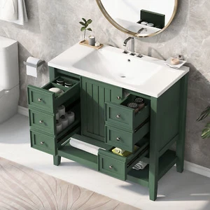 36" Bathroom Vanity with Ceramic Sink Modern Wood Storage Cabinet and Drawers - Picture 1 of 24