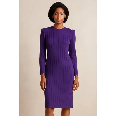 Vestido Suéter Tejido Púrpura St John De Colección M/L Botones Dorados Almohadillas para el Hombro Foto 1 de 4