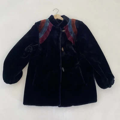 VTG Sealane by Hillmoor M/L Black Glam Faux Fur Coat Jacket Stripe Purple Green - Image 1 of 4