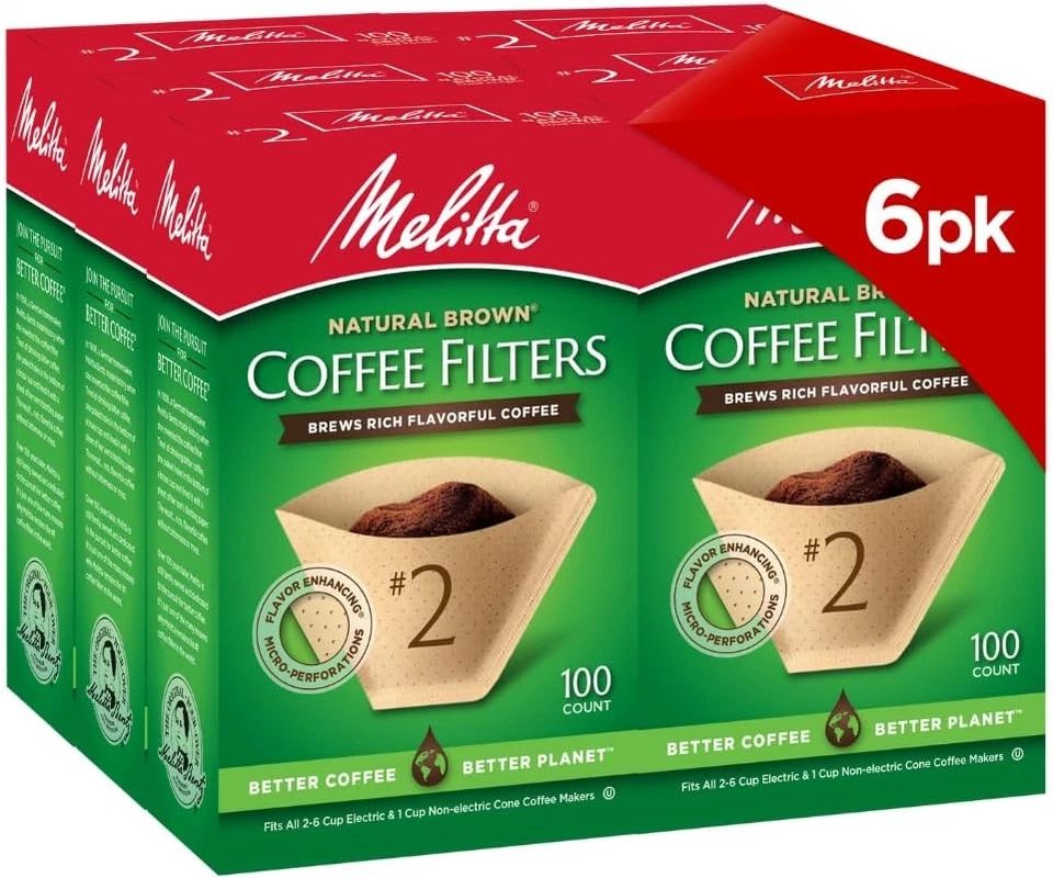 Melitta #2 Cone Coffee Filters Natural Brown 100 Count Pack of 6