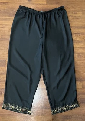 Women Satin Lounge Pants Drawstring Wide Leg Embroidery Bead Bottom Black Sz L - Image 1 of 4